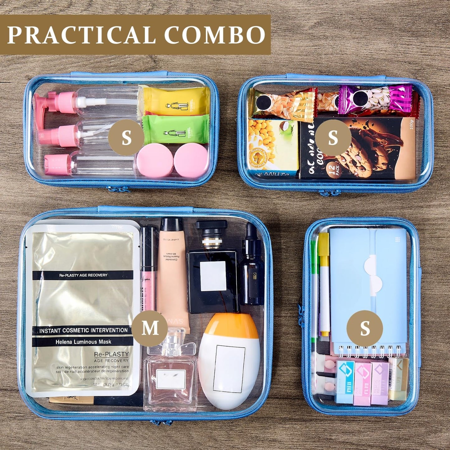 WELPIRT 4 pcs Clear Zipper Pouches,Hard Shell Zipper Case, Toiletry Bag for Travel, CLear Diaper Bag, Toiletry Pouch, Travel Organizer, Cosmetic Bag,Toy Storage Bins (M+3S) (Blue)