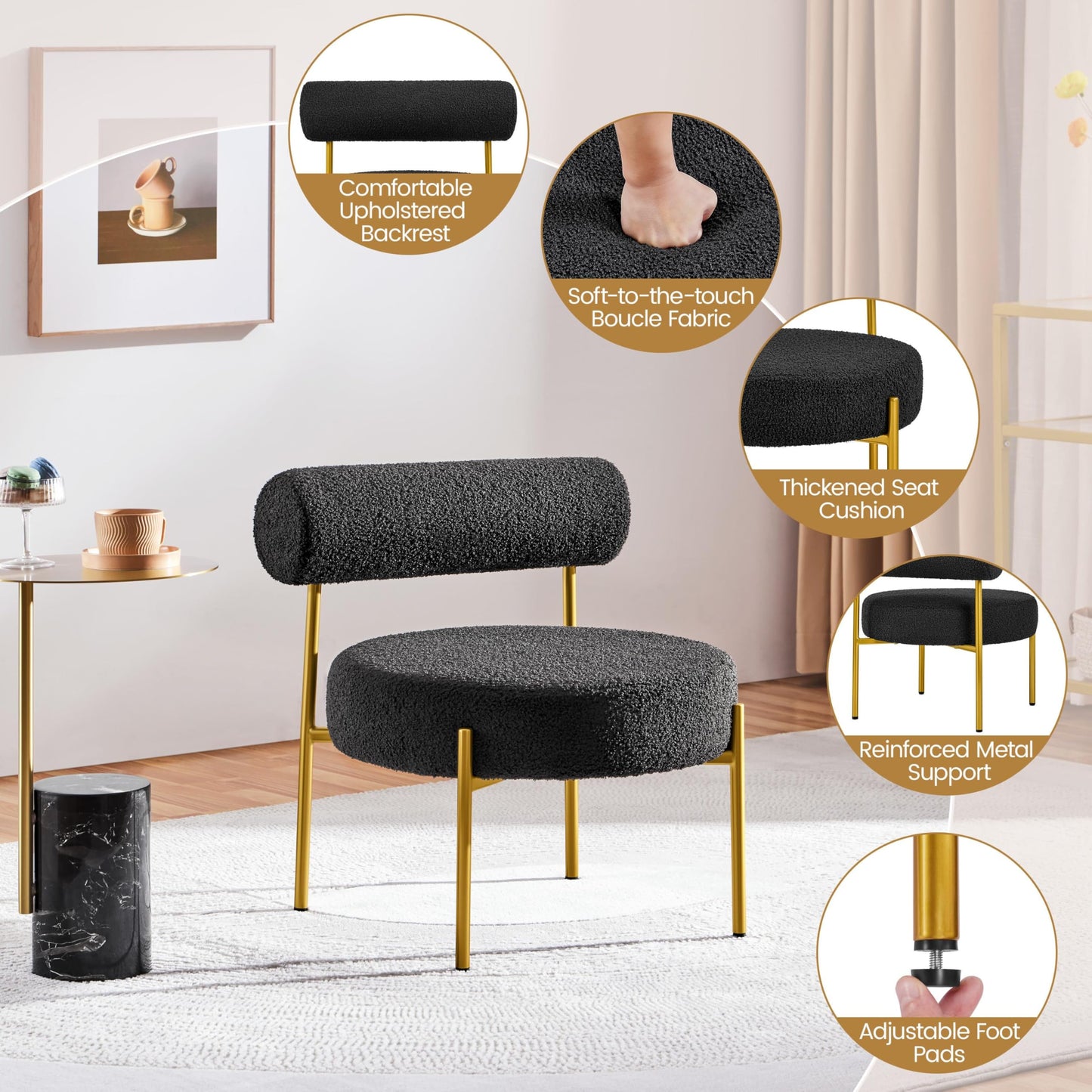 Yaheetech Modern Tufted Vanity Chair with Gold Legs for Bedroom Makeup Room Home Office, Black