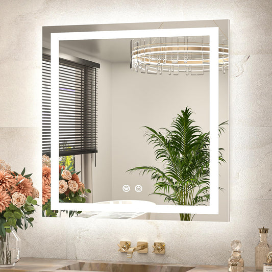 TETOTE 30 x 30 Inch LED Bathroom Mirror with Frontlit and Backlit, Brighter Light up Bathroom Vanity Mirror with Lights, 3-Color Dimmable Illuminated Anti Fog Mirror Wall Mounted, Waterproof