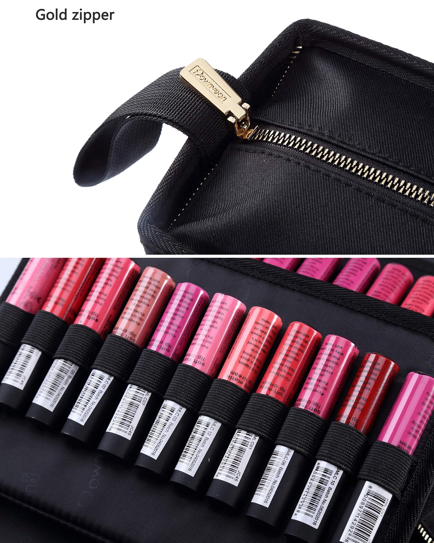 ROWNYEON 67 Slot Lipstick Organizer Bag - Large Capacity Multi-Layer Travel Makeup Case, Waterproof Oxford Lip Gloss & Marker Pen Holder with Elastic Straps for Makeup Artists (Black)