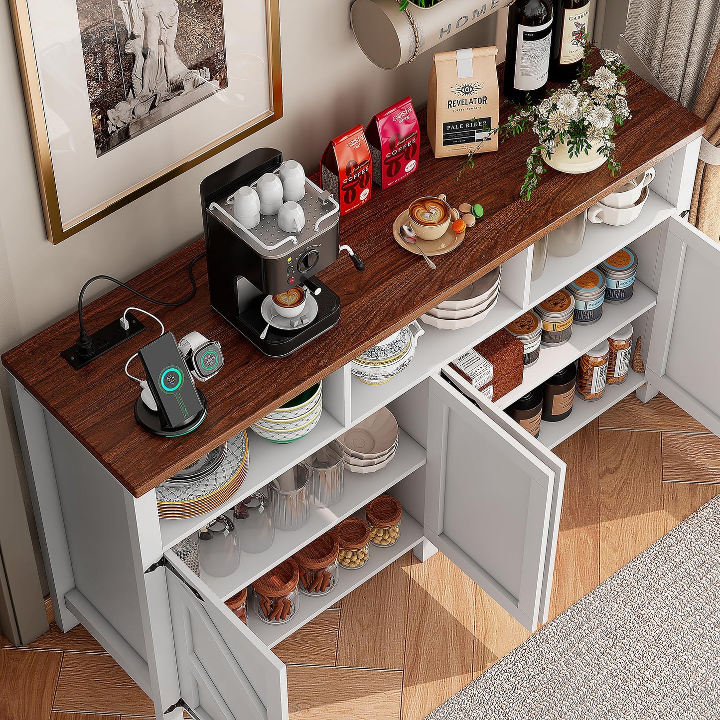 knoworld Buffet Sideboard with Storage with Power Outlets & LED Light 4 Doors, 55'' Large Farmhouse Kitchen Storage Cabinet Wood Coffee Bar Cabinet Buffet Table for Kitchen, Dining Room, Entryway