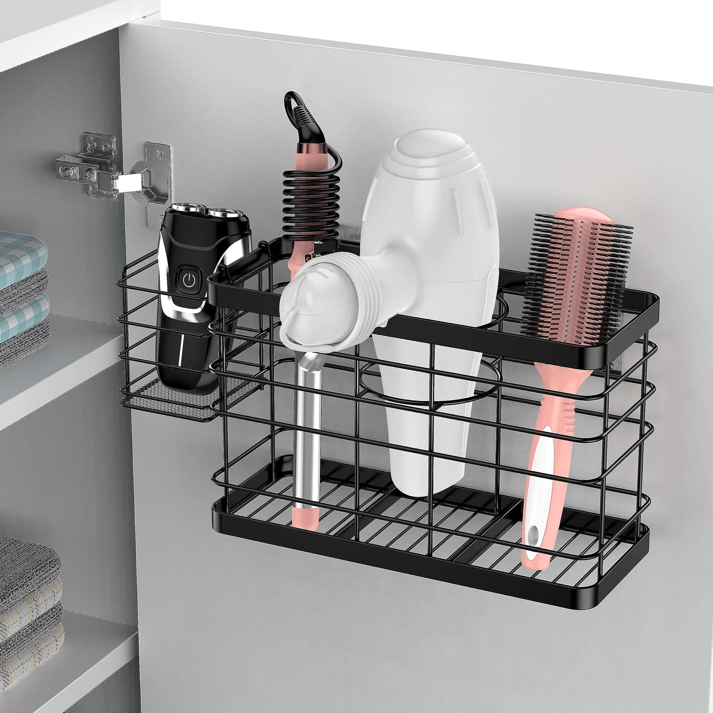 Vecallo Hair Tool Organizer - Black Steel Wall Mounted Hair Dryer Holder with Removable Basket, 10.62"L x 4.33"W x 6.69"H, Ideal for Small Bathrooms