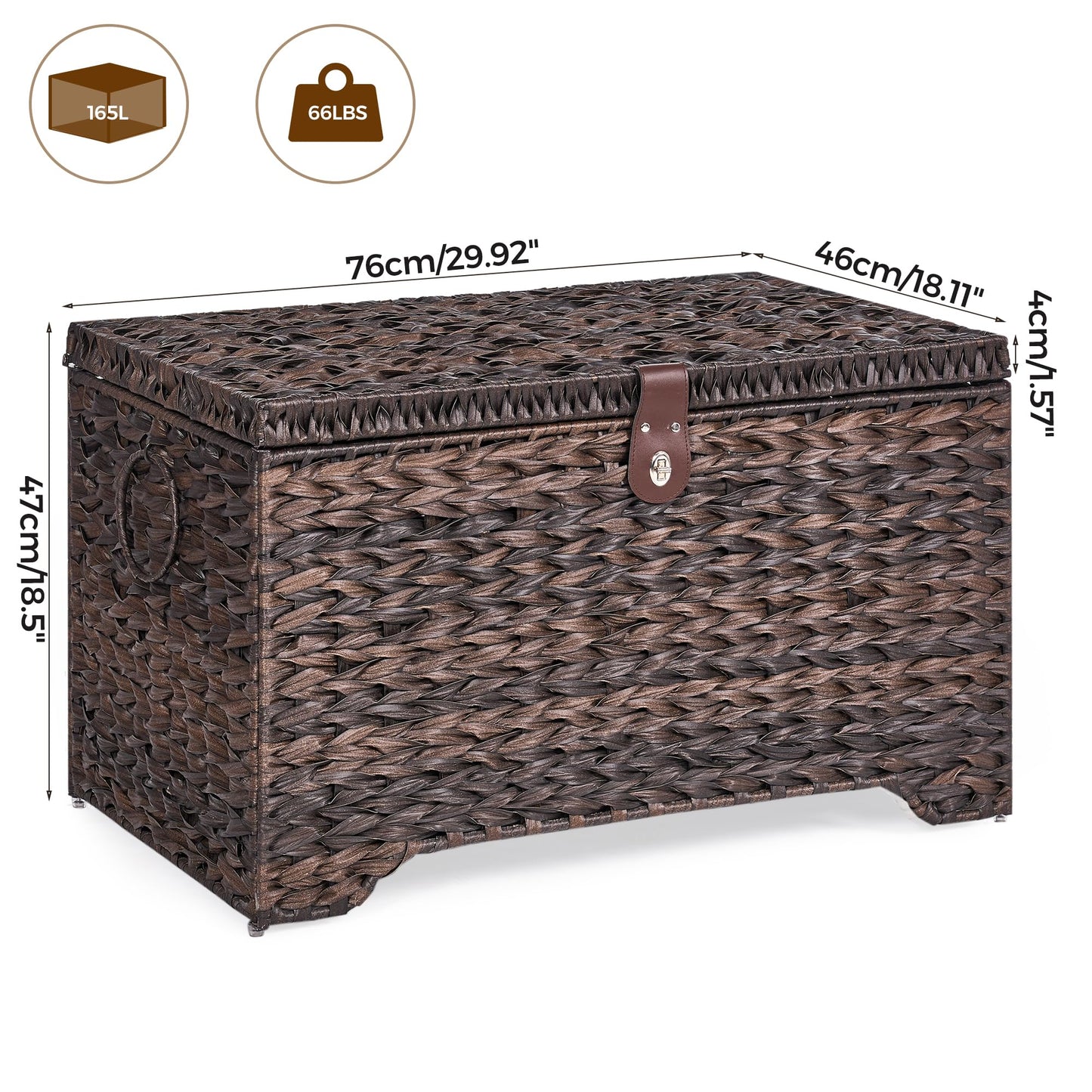 Honjourai Handwoven Storage Basket with Lid, 165L Plastic Rattan Storage Bin, Leather Buckle & Metal Frame, Large Metal Ring Handles, Storage Trunk for Bedroom, Laundry Room