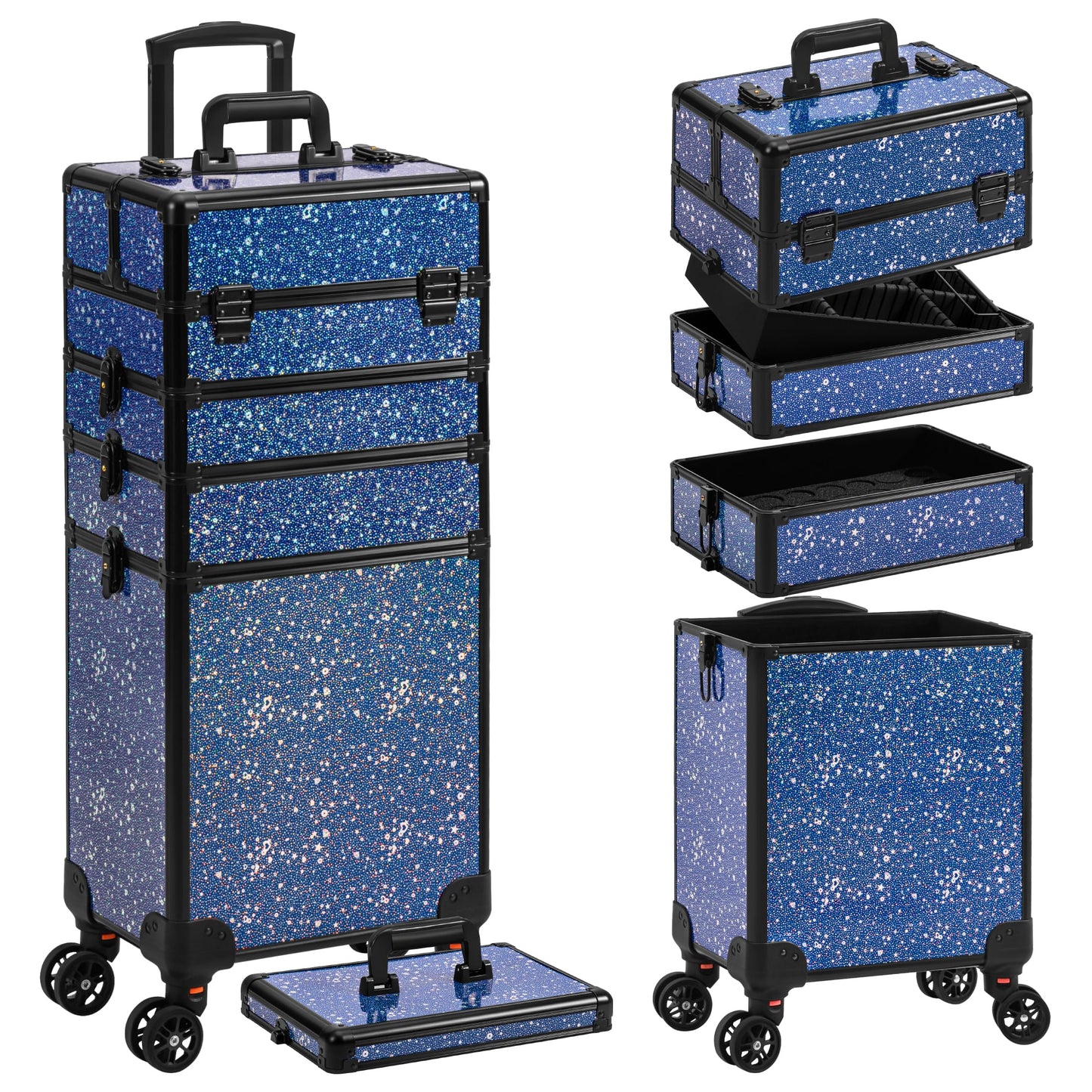 AROUS Rolling Makeup Train Case 5 in 1 Cosmetology Case on Wheels Large Cosmetic Organizer Travel Cart for Hairstylist Artist Nail Beauty Salon Barber,Blue