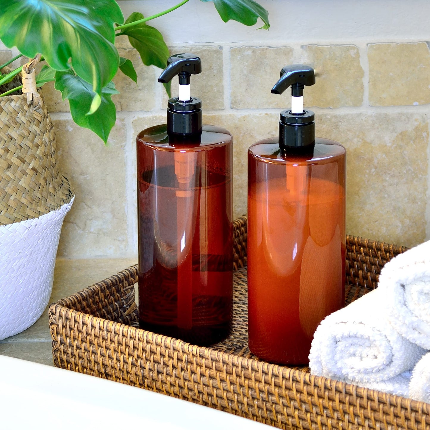 Youngever 4 Pack Pump Bottles for Shampoo 32 Ounce (1 Liter), Amber Shampoo Pump Bottles, Plastic Cylinder with Lockdown Leak Proof Pumps
