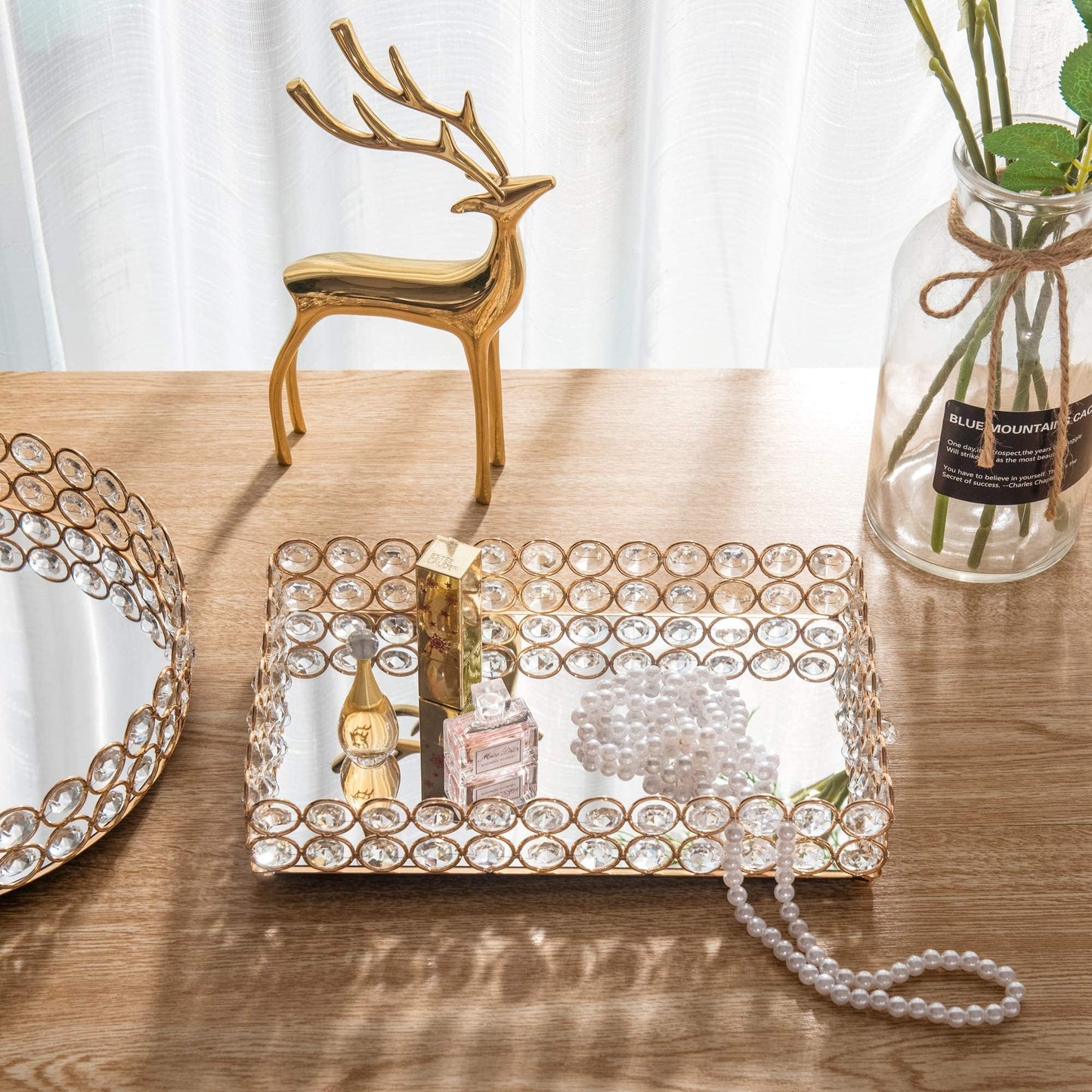 Feyarl 10 Inch Crystal Cosmetic Perfume Tray Vanity Makeup Jewelry Trinket Organizer Mirrored Decorative Tray Storage for Coffee Table Home Deco Wedding Dresser Birthday Gift (Gold)