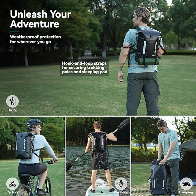 MARCHWAY Roll Top Waterproof Backpack, Floating Dry Bag 20L/30L/45L with Ergonomic Rectangular Base, Cushioned Back, Hip Strap for Hiking Camping Kayaking Travel (Black, 20L)