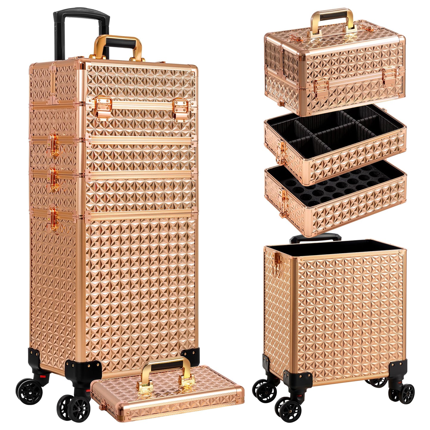 AROUS 5 in 1 Rolling Makeup Train Case Cosmetology Case on Wheels Large Cosmetic Organizer Travel Cart for Hairstylist Artist Nail Beauty Salon Barber,Gold