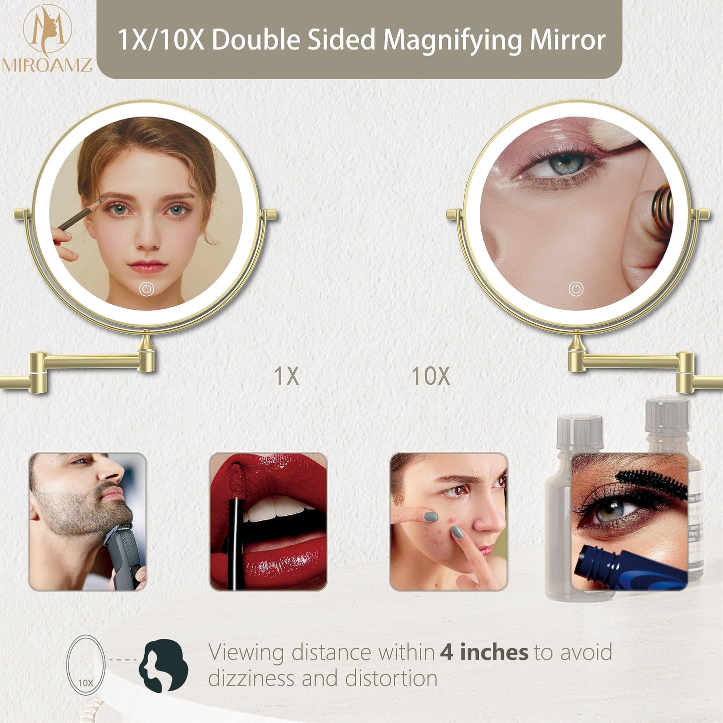 MIROAMZ Rechargeable Wall Mounted Lighted Makeup Vanity Mirror 9 Inch Double Sided 1X 10X Magnifying Bathroom Mirror, 3 Color Lighting, Touch Screen Dimming, 360 Rotation Shaving Mirror Gold