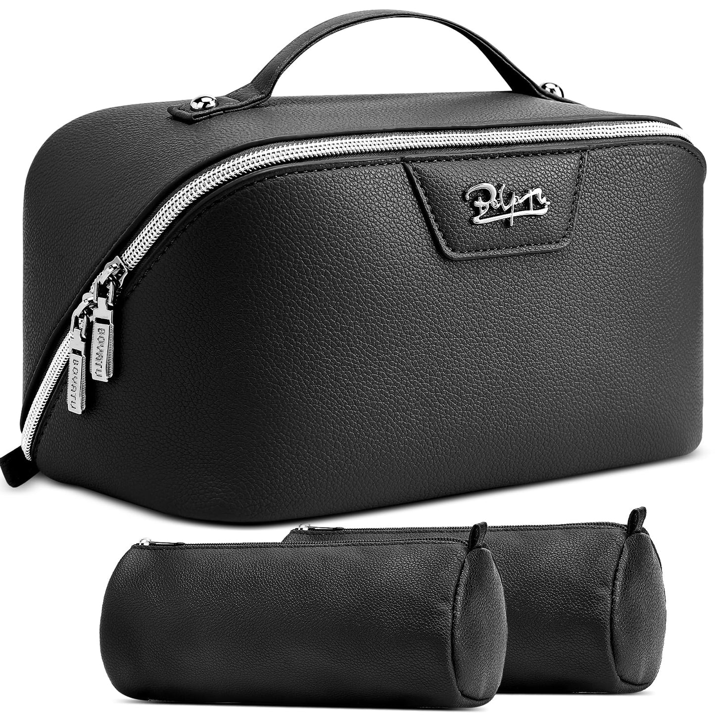 BOYATU Travel Makeup Bag Cosmetic Bags for Women: Large Capacity 3 Pcs Set Make up Bag with Compartments - Waterproof Vegan Leather Toiletry Organizer Bags with Handle (L26Black)