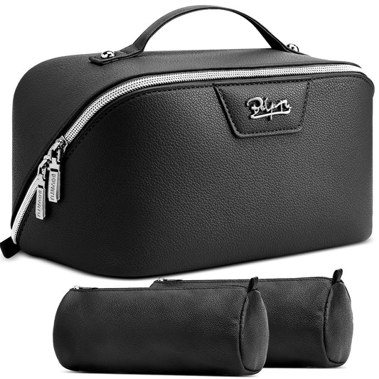 BOYATU Travel Makeup Bag Cosmetic Bags for Women: Large Capacity 3 Pcs Set Make up Bag with Compartments - Waterproof Vegan Leather Toiletry Organizer Bags with Handle (L26Black)