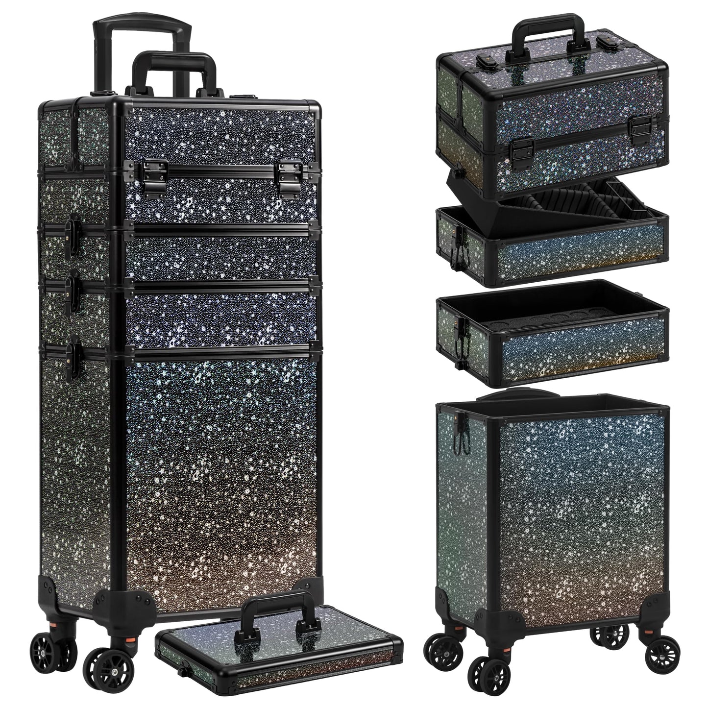 AROUS Rolling Makeup Train Case 5 in 1 Cosmetology Case on Wheels Large Cosmetic Organizer Travel Cart for Hairstylist Artist Nail Beauty Salon Barber,Black
