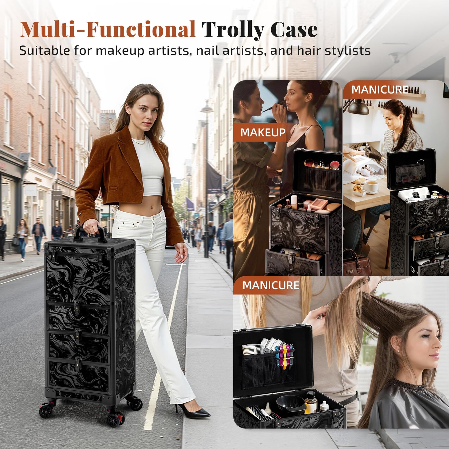 JINGUAN Rolling Makeup Train Case with 3 Drawers, Nail Trolley Cart Salon Station Cosmetology Case on Wheels Organizer Cases for Nail Tech,SPA,Face Painting,Hairstylist,Makeup Artist (Ink Black)