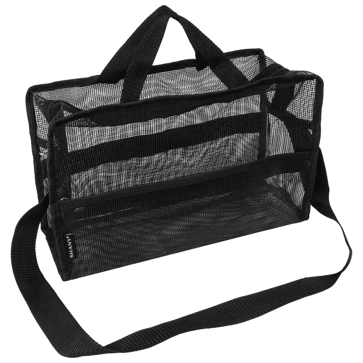 SHANY Collapsible Makeup Tools Travel Mesh Bag – Large See-Thru Travel Tote with Shoulder Straps – Water-Resistant with Zippered Pockets – Black