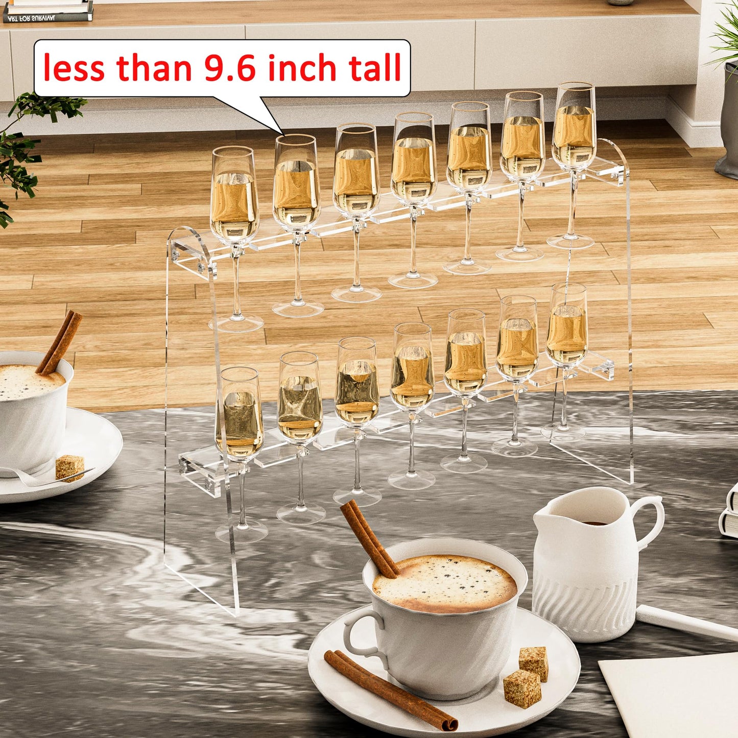 Hexsonhoma 2 Tier Acrylic Champagne Flute Holder Stand with 14 Slots, Stemware Champagne Glasses Display Rack, Tabletop Champagne Wall Holder for Party 50 Fit up to 8oz Champagne Flutes(Glasses Not included)