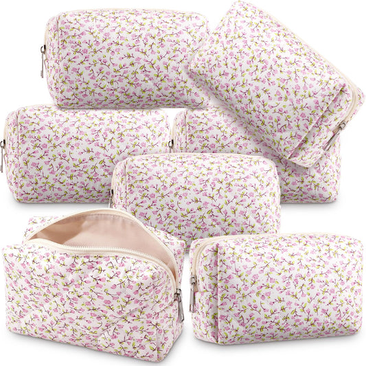 Paterr 6 Pcs Quilted Makeup Bag Bulk Floral Bow Cotton Cosmetic Bag Women Girls Gifts for Bridesmaids Wedding Birthday Coquette Aesthetic Cottagecore Travel Toiletry Pouch(Small Floral,Pink)