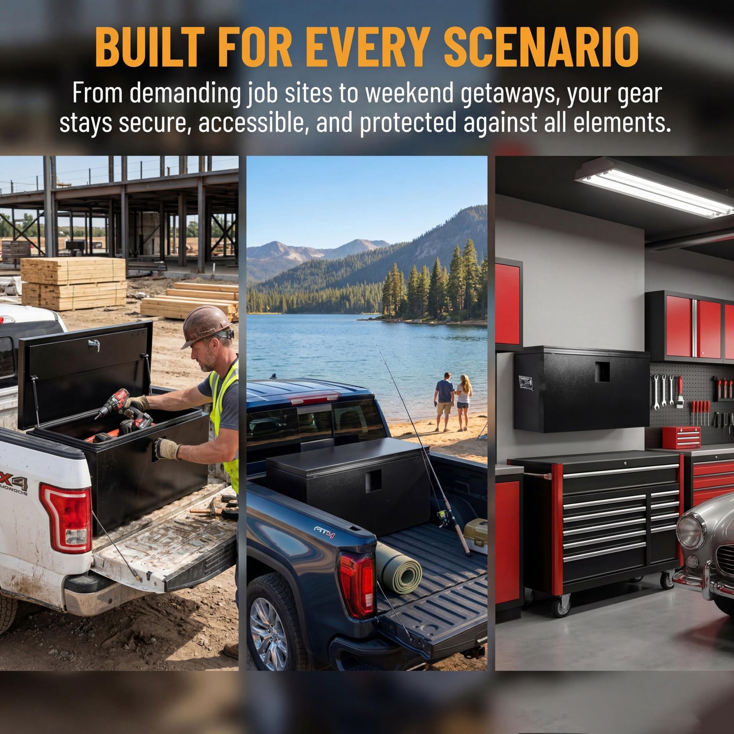 YRCHOFQU Heavy Duty Black Steel Truck Bed Tool Box, Trailer Tongue Storage Chest with Weatherproof Seal & Pneumatic Hinge for Pickup, RV, Utility Vehicles - 24 x 15 x 15