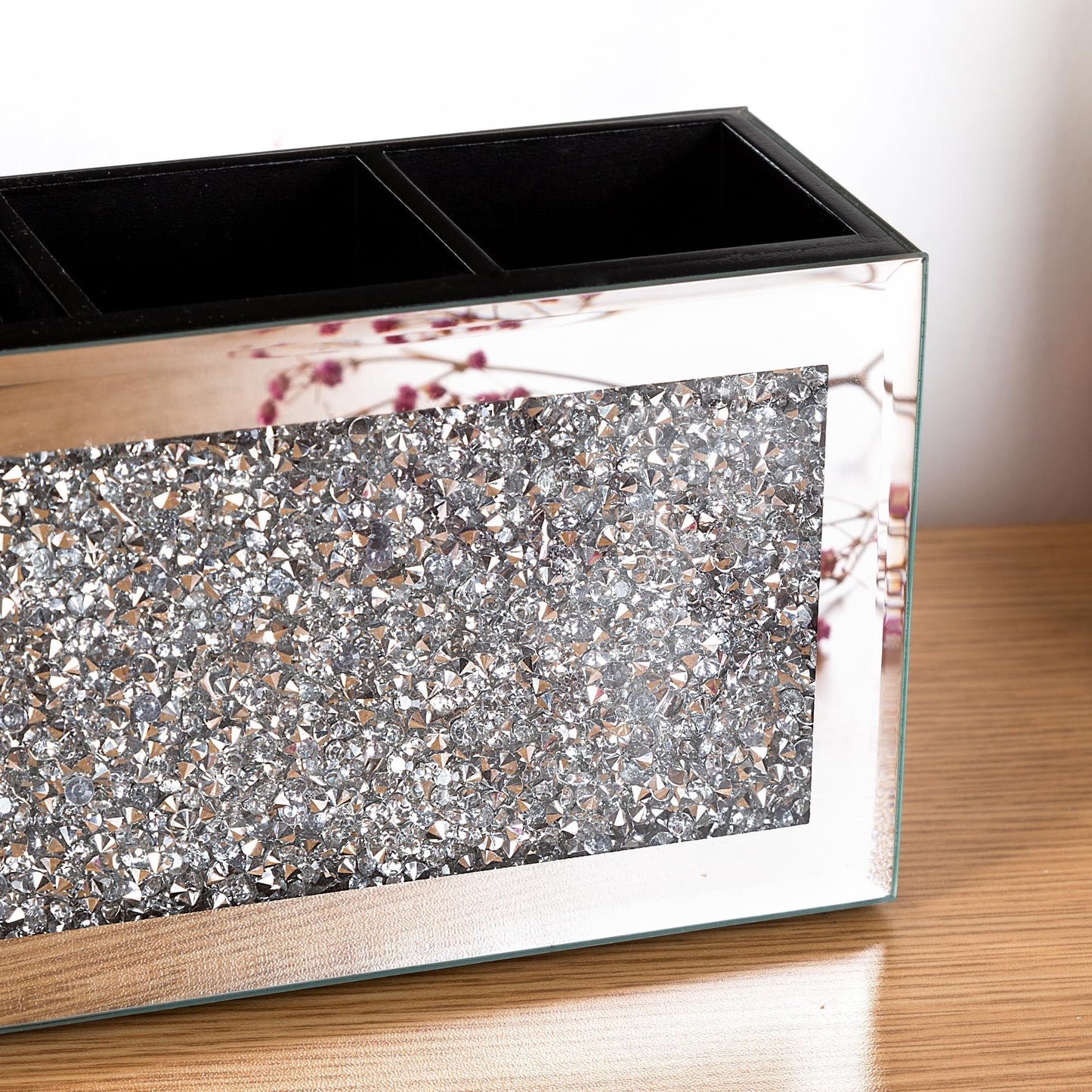 SHYFOY Mirrored Makeup Brush Holder Organizer, 3 Slot Glass Cosmetics Brushes Storage Holders with Crystal Crushed Diamond, Cute Pen and Pencil Holder for Desk, Eyeliners Display Case for Vanity