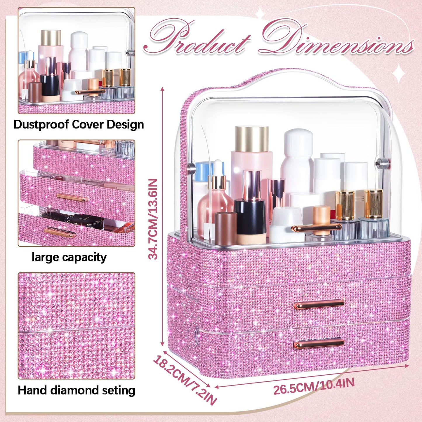 Honeydak Bling Makeup Organizer for Women Birthday Gifts Preppy Skincare Perfume Organizer Rhinestone Cosmetic Display Cases with Transparent Cover for Countertop, Desk(Pink,Rhinestone)