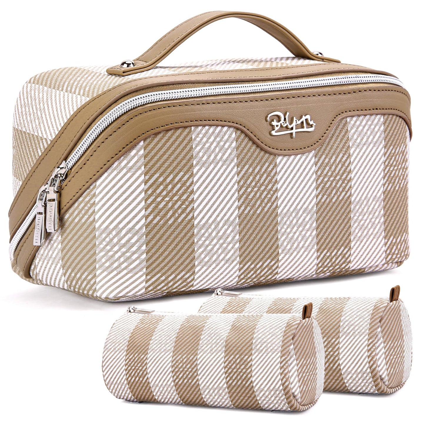 BOYATU Travel Makeup Bag Organizer Cosmetic Bag: 3 Pcs Set Make up Bags for Women with Handle - Waterproof Vegan Leather Toiletry Bags Travel Essentials Pouch with Compartments (F-04-Brown)