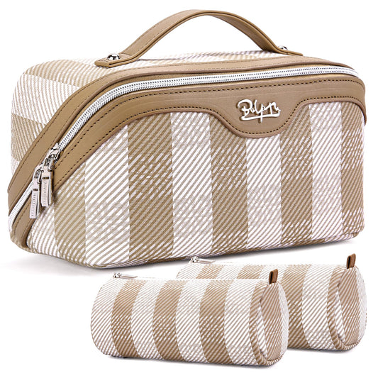 BOYATU Travel Makeup Bag Organizer Cosmetic Bag: 3 Pcs Set Make up Bags for Women with Handle - Waterproof Vegan Leather Toiletry Bags Travel Essentials Pouch with Compartments (F-04-Brown)