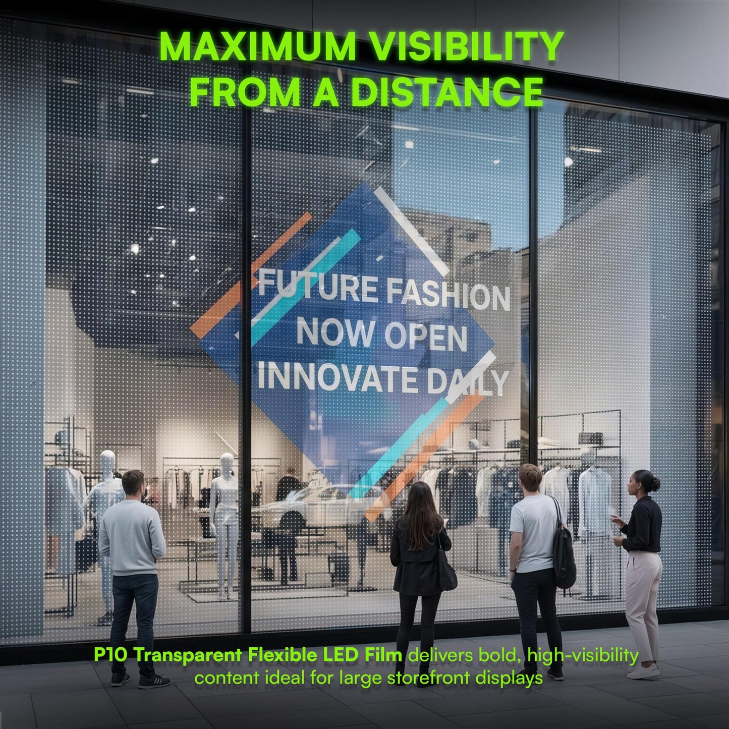 P10 Transparent Flexible LED Film Display for Storefront Windows and Retail Advertising | Directly Applies to Existing Glass Surfaces | Sunlight Visible Screen | Self-Adhesive (3 of P10 plus TB20)