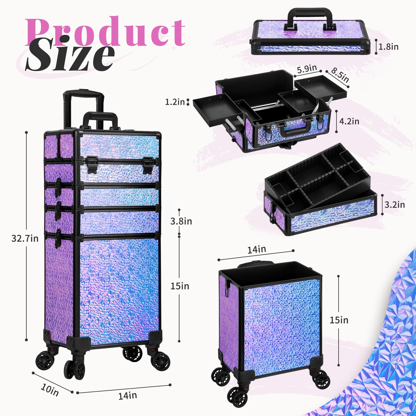 JINGUAN Profesional Rolling Makeup Train Case with Lid, 5 in 1 Cosmetology Case on Wheels, Large Cosmetic Trolley Organizer Travel for Hairstylist Artist Nail Beauty Salon Barber, Gravel Purple