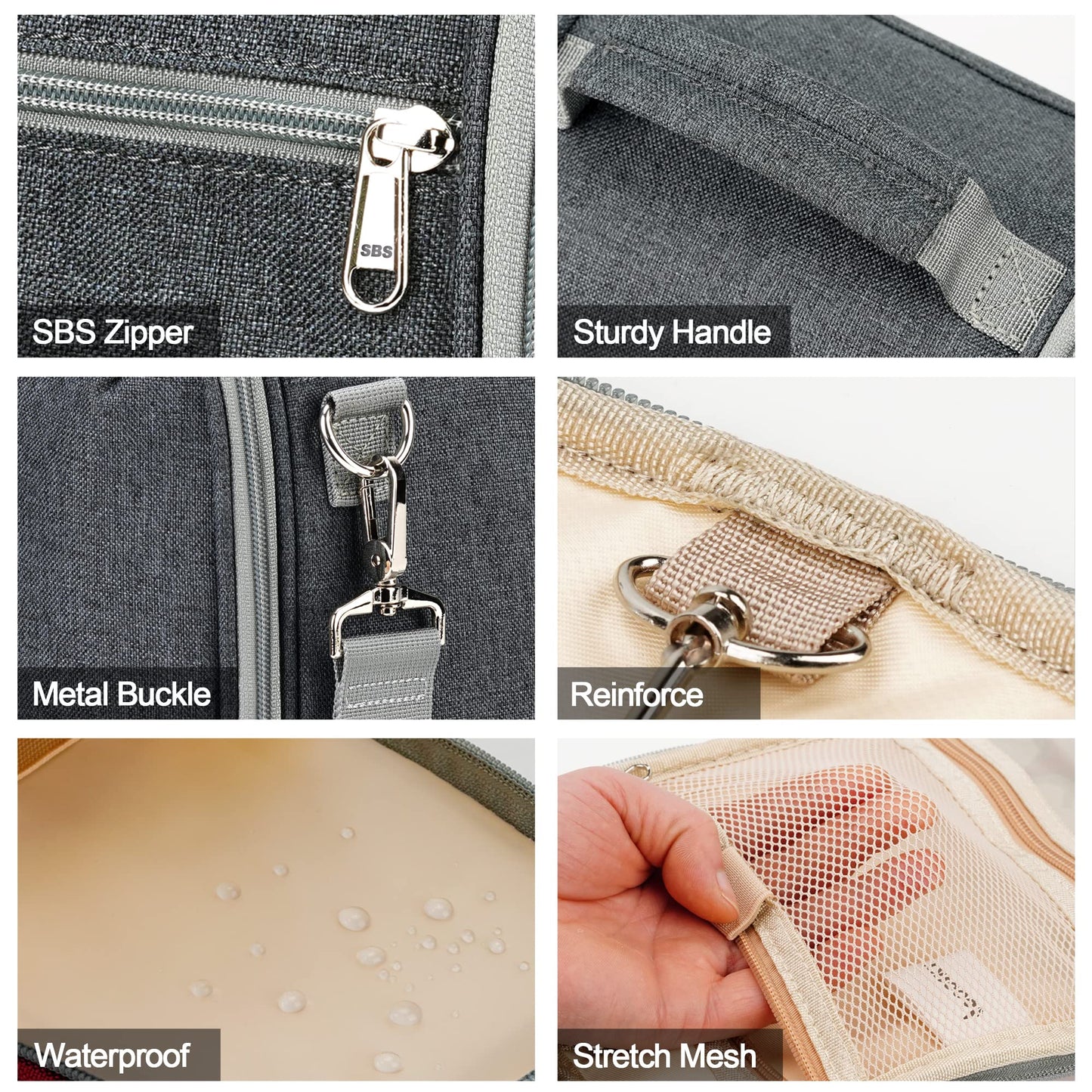 Hanging Travel Toiletry Bag for Women and Men, 6 Organizer Compartments, Extra Large Toiletries Bag, Bathroom Cosmetic Bag, Water-resistant Makeup Bag, Holds Full-Size Shampoo, Grey
