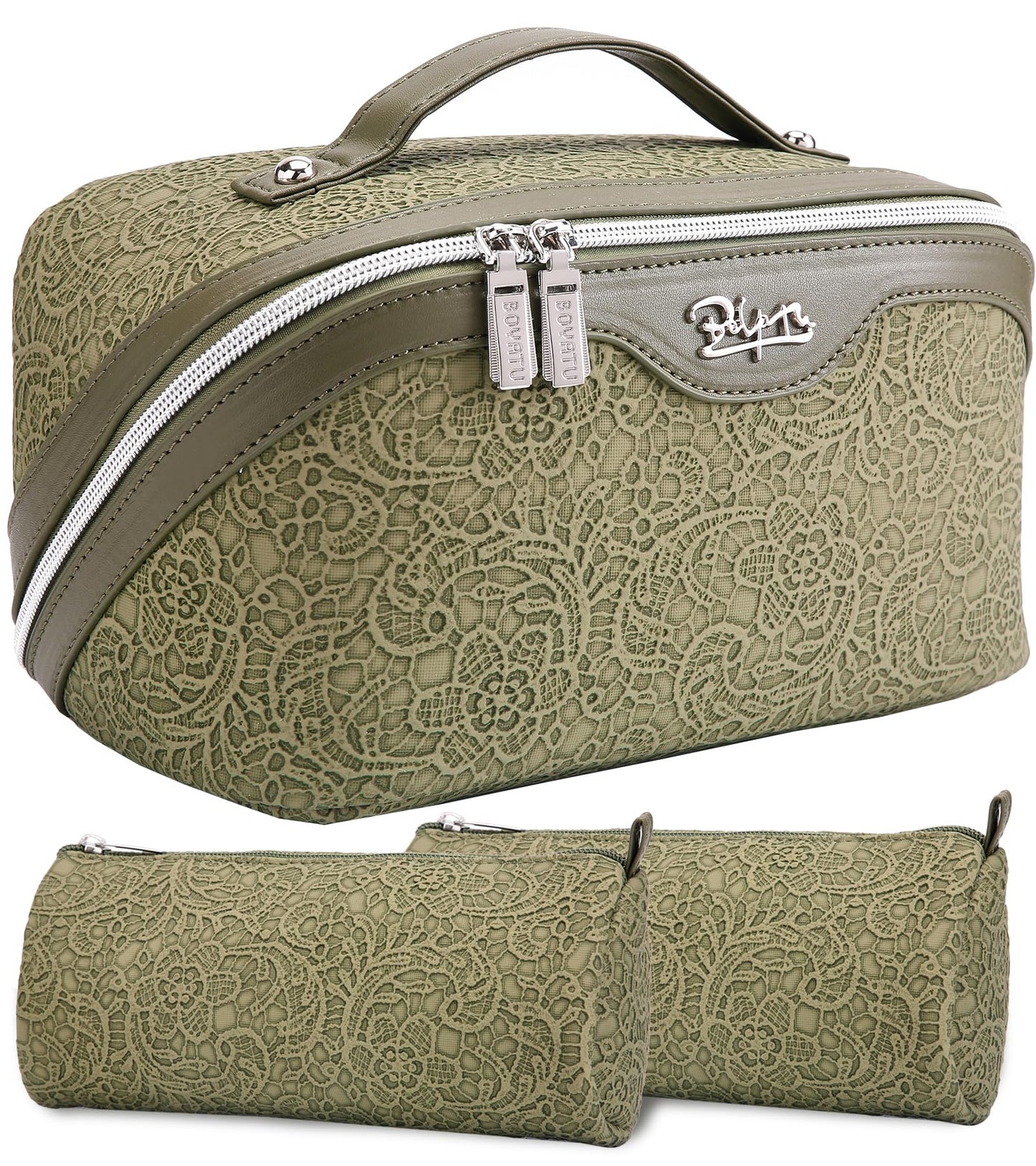 BOYATU Travel Makeup Bags Cosmetic Organizer Bag: 3 Pcs Set Large Capacity Make up Bag with Compartments - Waterproof Leather Toiletry Bags with Handle for Women (A-Green)