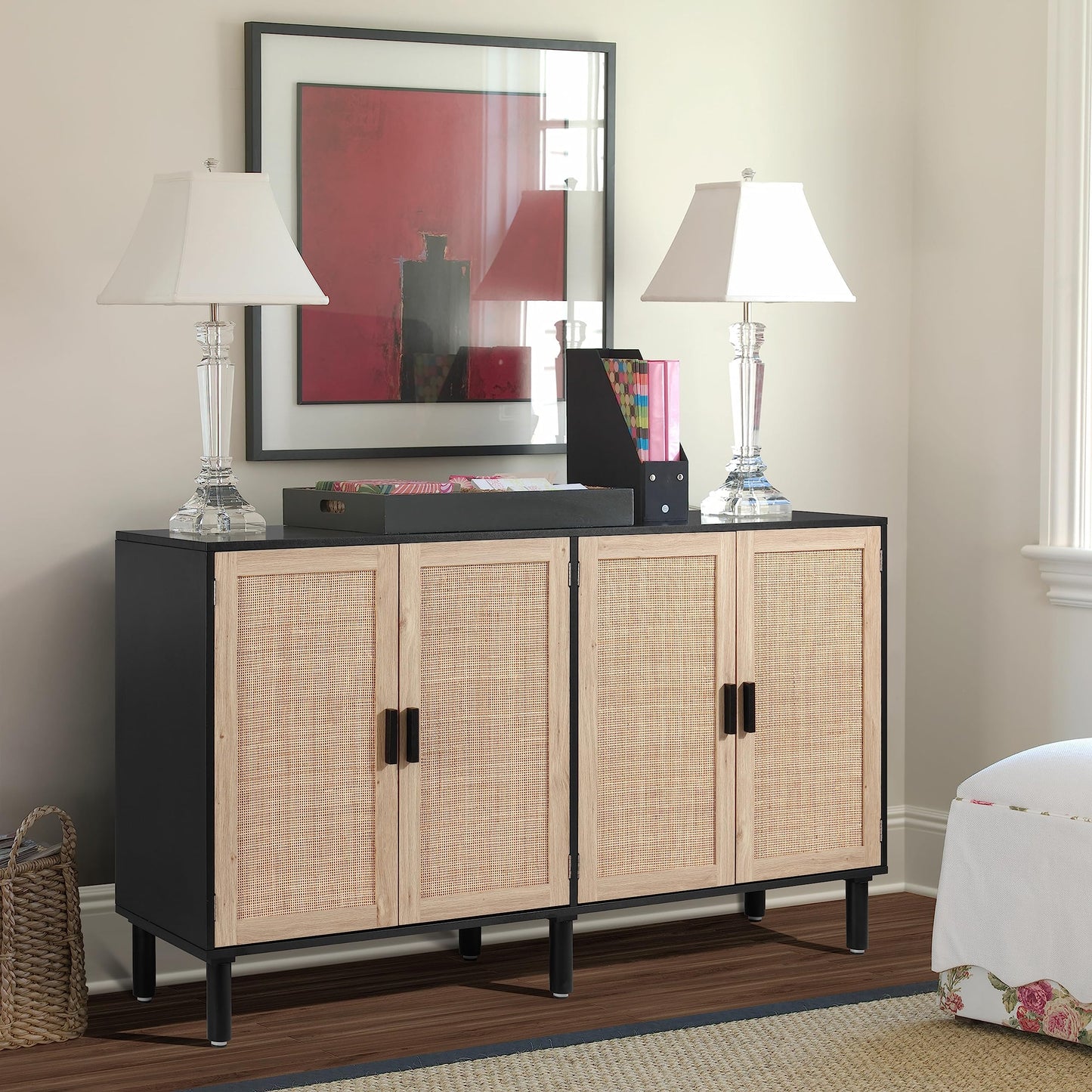Finnhomy 4 Door Sideboard Buffet Cabinet, Kitchen Storage Cabinet with Rattan Decorated Doors, Cupboard Console Table, Boho Accent Liquor Cabinet, Bar Cabient, 62.3X 15.7X 34.6 Inches, Black