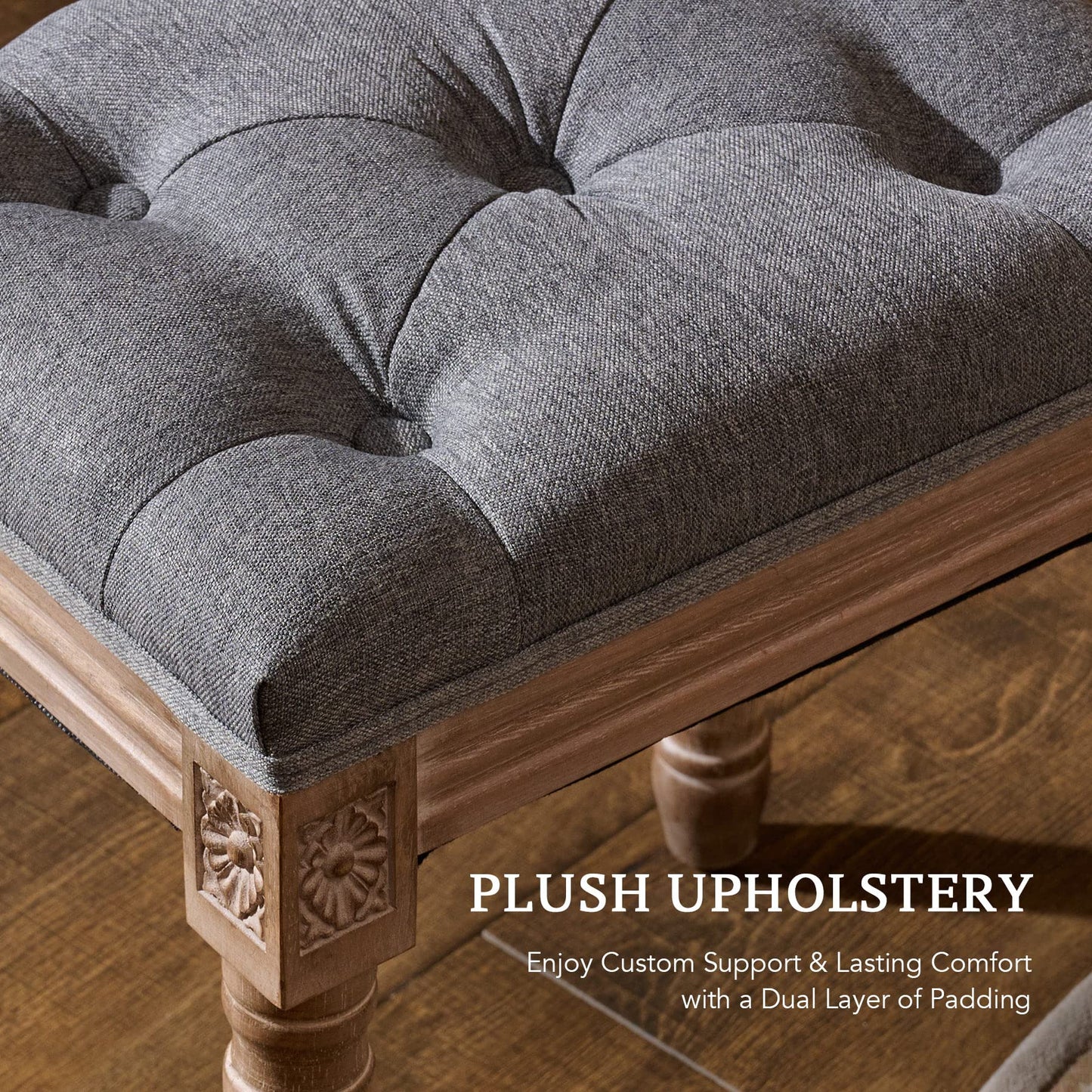 VONLUCE French Vintage Foot Stool with Rustic Wood Legs and Padded Seat, 18.5" High Memory Foam Upholstered Vanity Stool and Entryway Bench,Tufted Fabric Ottoman Stool for Bedroom Living Room, Gray