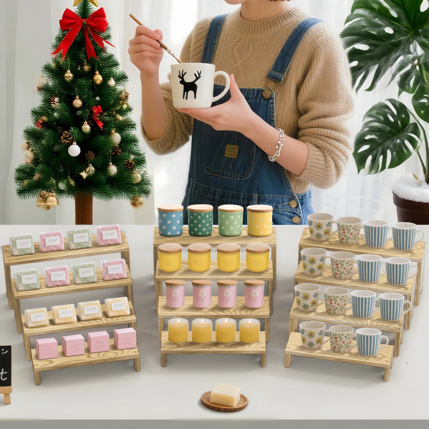 Large 4 Set wood tone Wooden Tiered Display Stands 4 Tier Stackable Pine Wood Display Risers, Suitable for Vendor Events, Cupcake Stands, cake stand Wooden Dessert Table Sets, Vendor Booth Displays,Cosmetic & Perfume Display Tools, Kitchen Spice Storage,