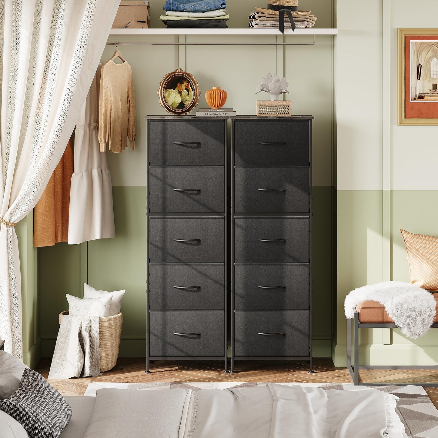 WLIVE Fabric Dresser, 5-Drawer Tall Dresser for Bedroom, Storage Organizer with Fabric Bins, Wood Top, Sturdy Steel Frame, Chest of Drawers for Closet, Hallway, Charcoal Black