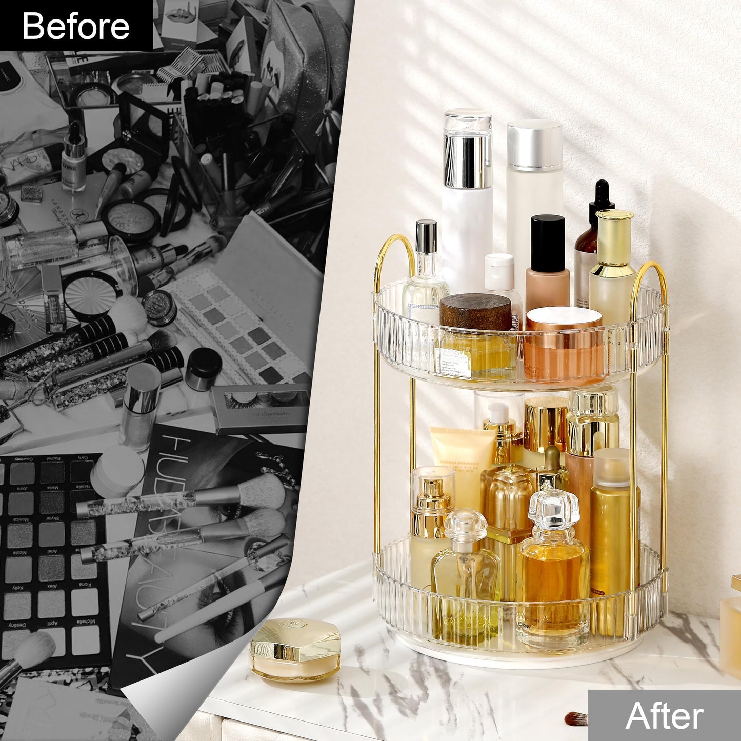 Weidace 360 Rotating Makeup Organizer for Vanity, Bathroom Countertop Spinning Perfume Organizer, High-Capacity Cosmetic and Skincare Dresser Make Up Holder Rack (2 Tiers, White)