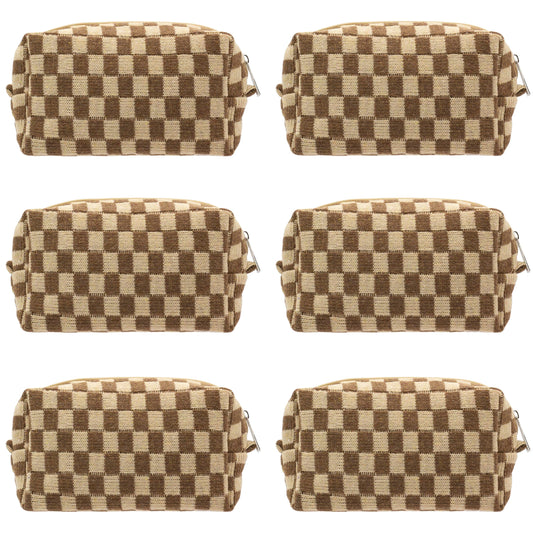 PAZIMIIK Checkered Makeup Bag for Purse Portable Zipper Make Up Pouch Small Cosmetic Case for Travel Accessories (6PCS Coffee)
