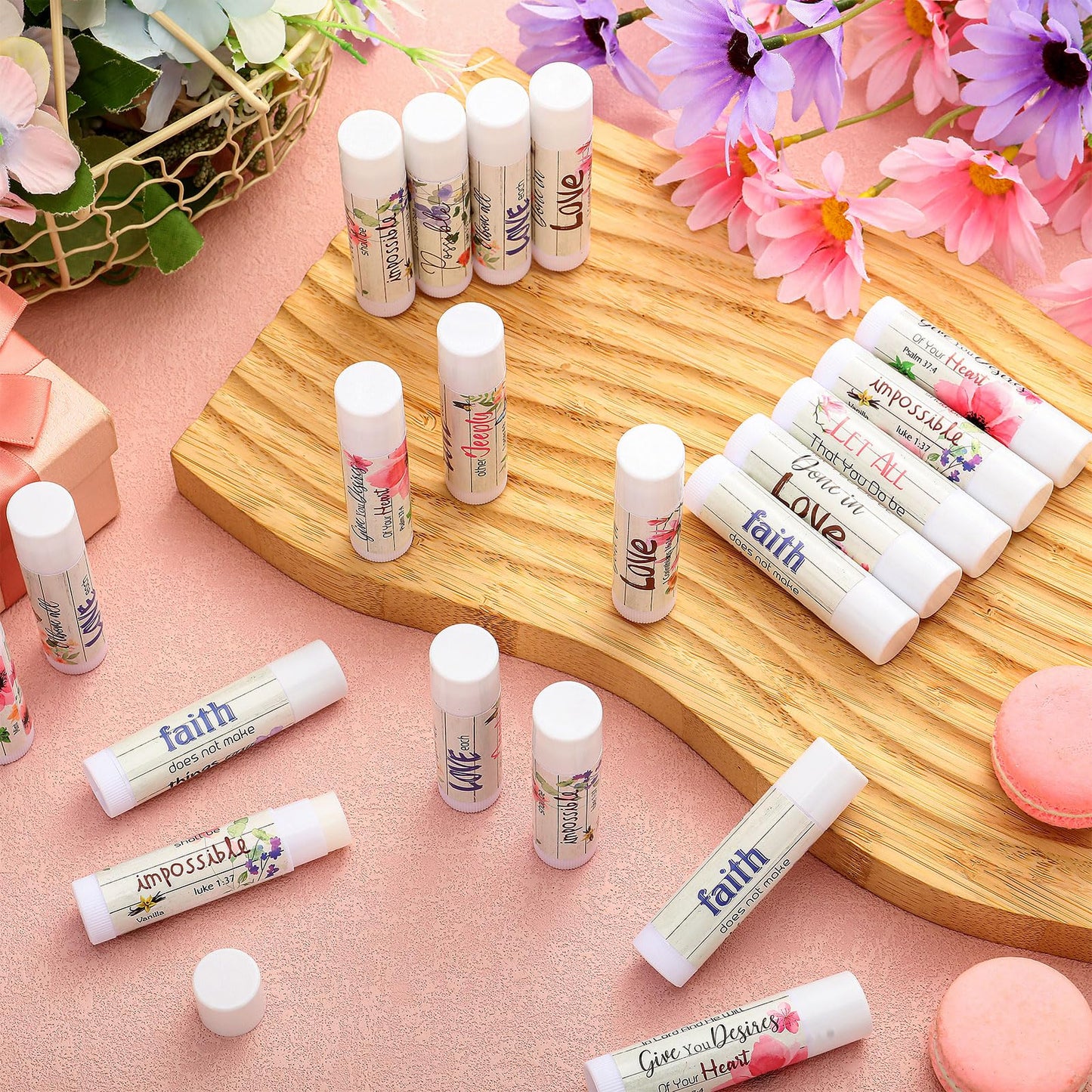 50 Pcs Christian Lip Balm Bulk Religious Bible Verses Lip Balm Christian Faith Gifts for Women Scripture Church Party Favor Inspirational Gift for Sunday School Employee Coworker (Wildflower)