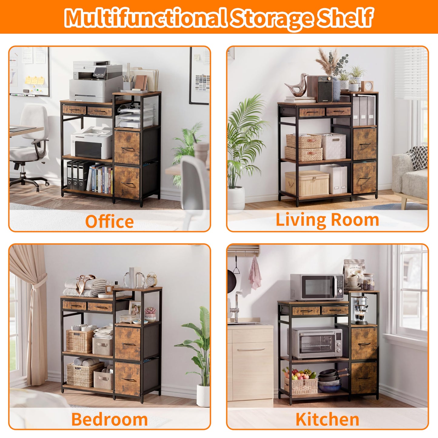 JUSTOGO Printer Stand with 4 Drawer, 43" x 36" x 16" Extra Large File Cabinet with Open Storage Shelf, 5 Tier Printer Table Lateral Filing Cabinet for Home Office, Rustic Brown