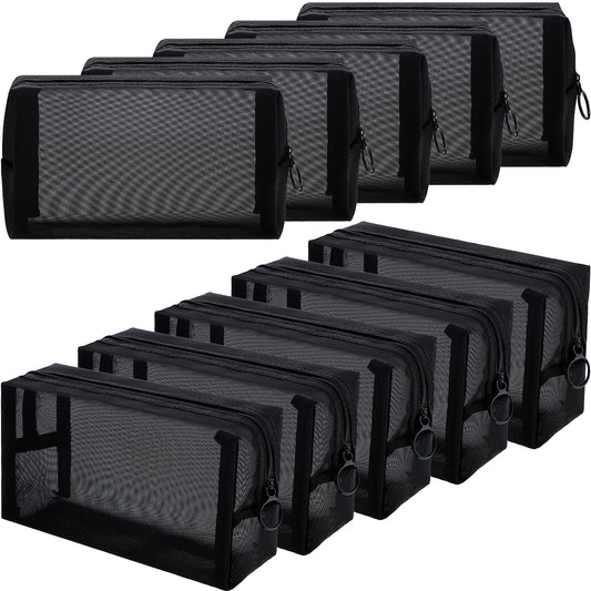 Frienda 10 Pieces Mesh Makeup Bag Portable Mesh Cosmetic Bag Black Zipper Pouch Breathable Travel Toiletry Bag for Home Offices Travel Accessories Organizer