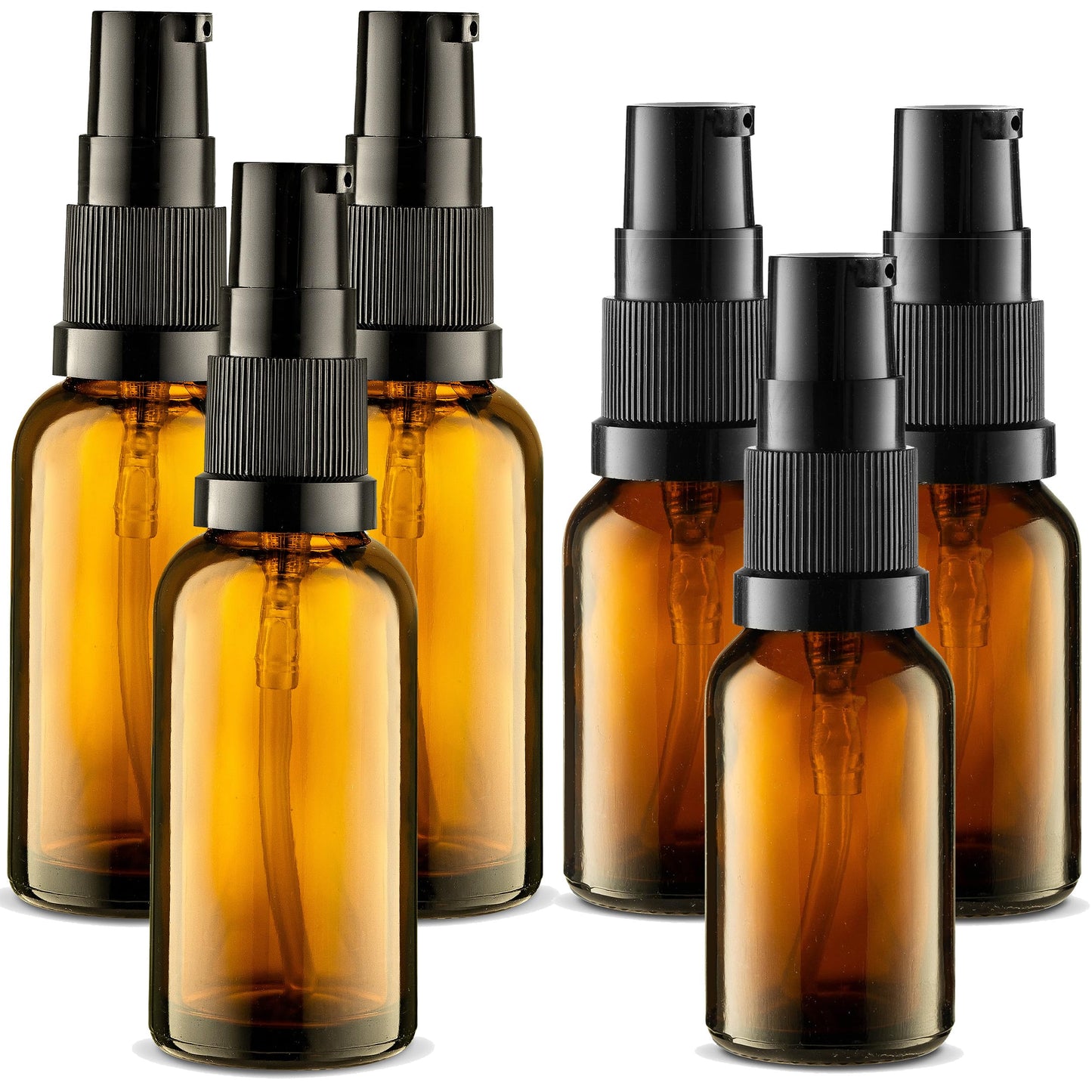 VitalUp 6 Pack, 3 30ml (1oz) & 3 15ml (0.5oz) Empty Refillable Glass Amber Pump Bottle Ideal for Lotion Cream Essential Oil Travel Small Container, Convenience Pack