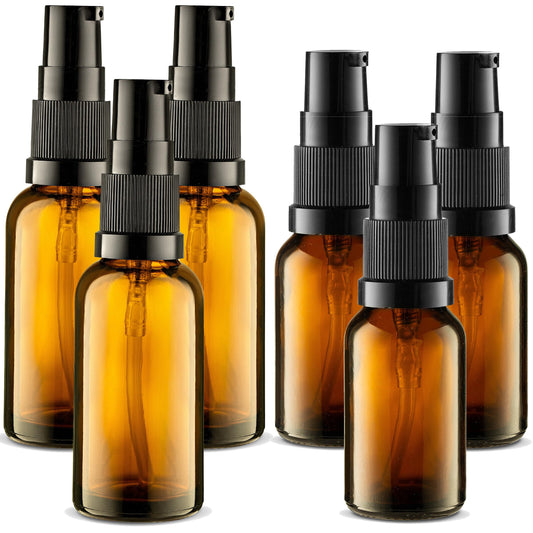 VitalUp 6 Pack, 3 30ml (1oz) & 3 15ml (0.5oz) Empty Refillable Glass Amber Pump Bottle Ideal for Lotion Cream Essential Oil Travel Small Container, Convenience Pack