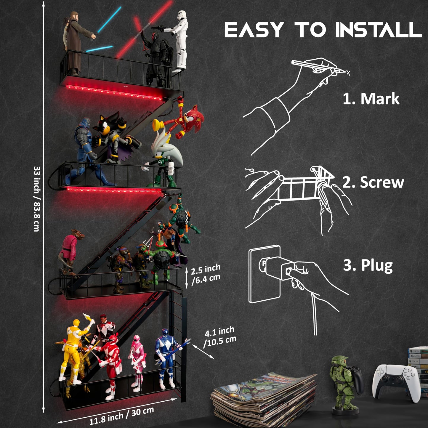 Level 4 Ascension Fire Escape Wall Shelf for Collectibles – Iron Fire Escape Shelf with Pre-Attached LED Light Strips, 12 Colors, Holds 44 lbs