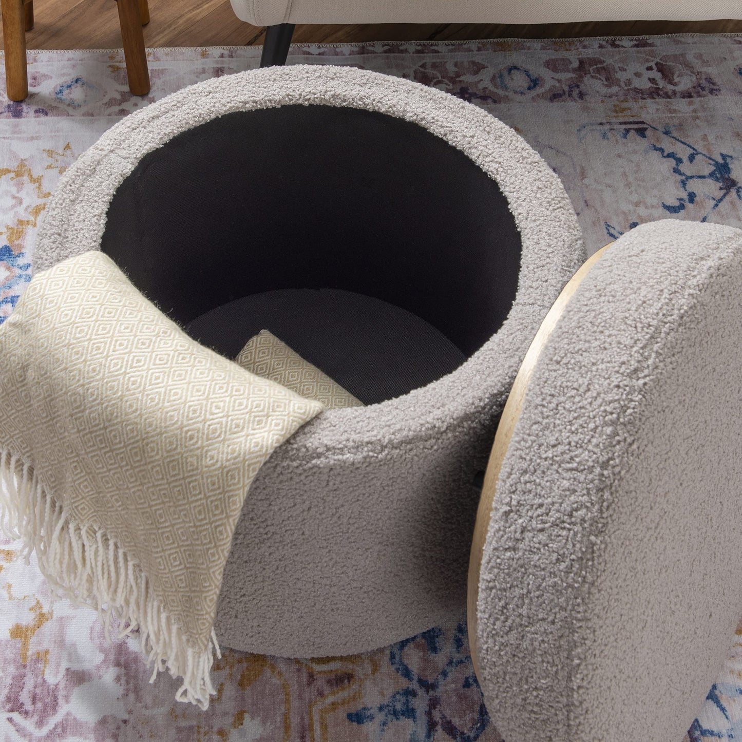 Linon Lexington Grey Sherpa Round Storage Ottoman with Wood Accent