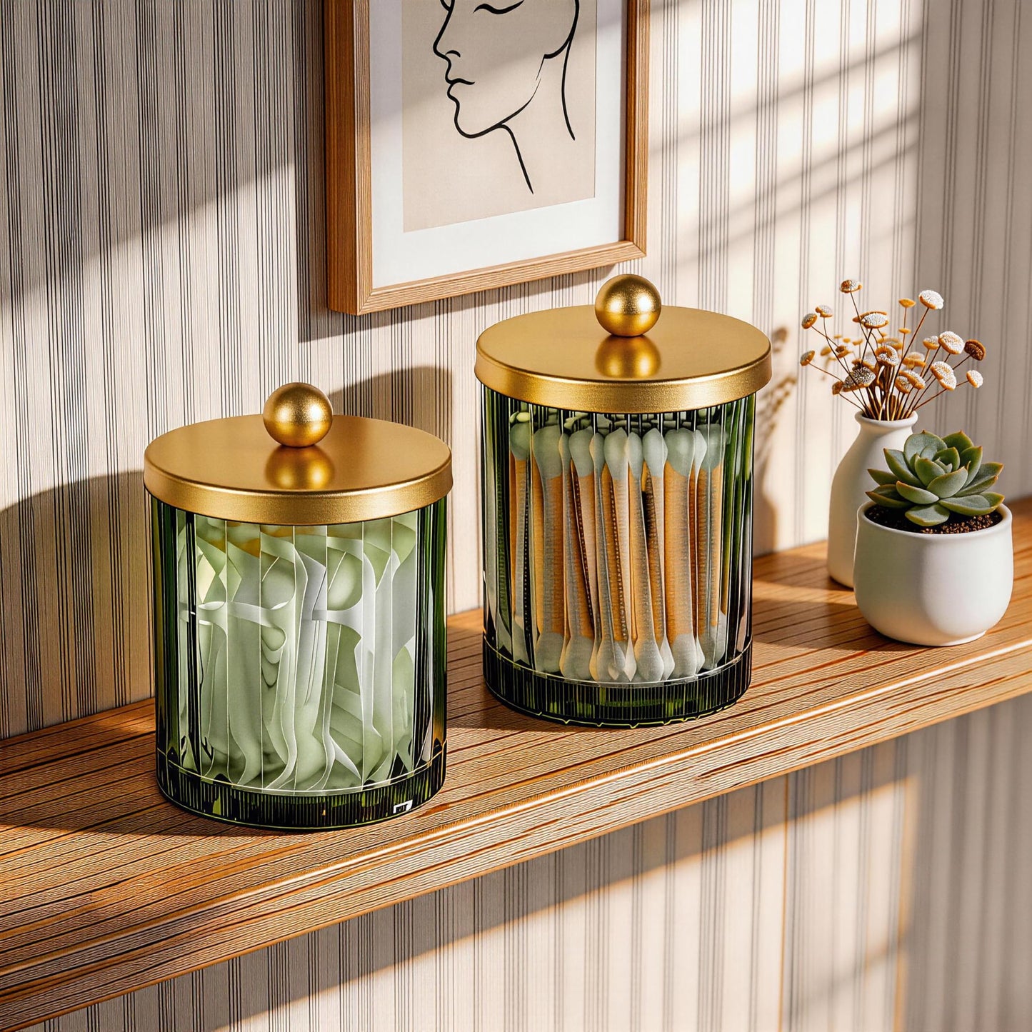 Amolliar Sage Green Glass Qtip Holder Dispenser, Bathroom Canister Apothecary Jar for Cotton Swabs, Cotton Balls, Round Pads, Floss Picks, Countertop Storage Organizer Container for Vanity,Gold 2 Pack