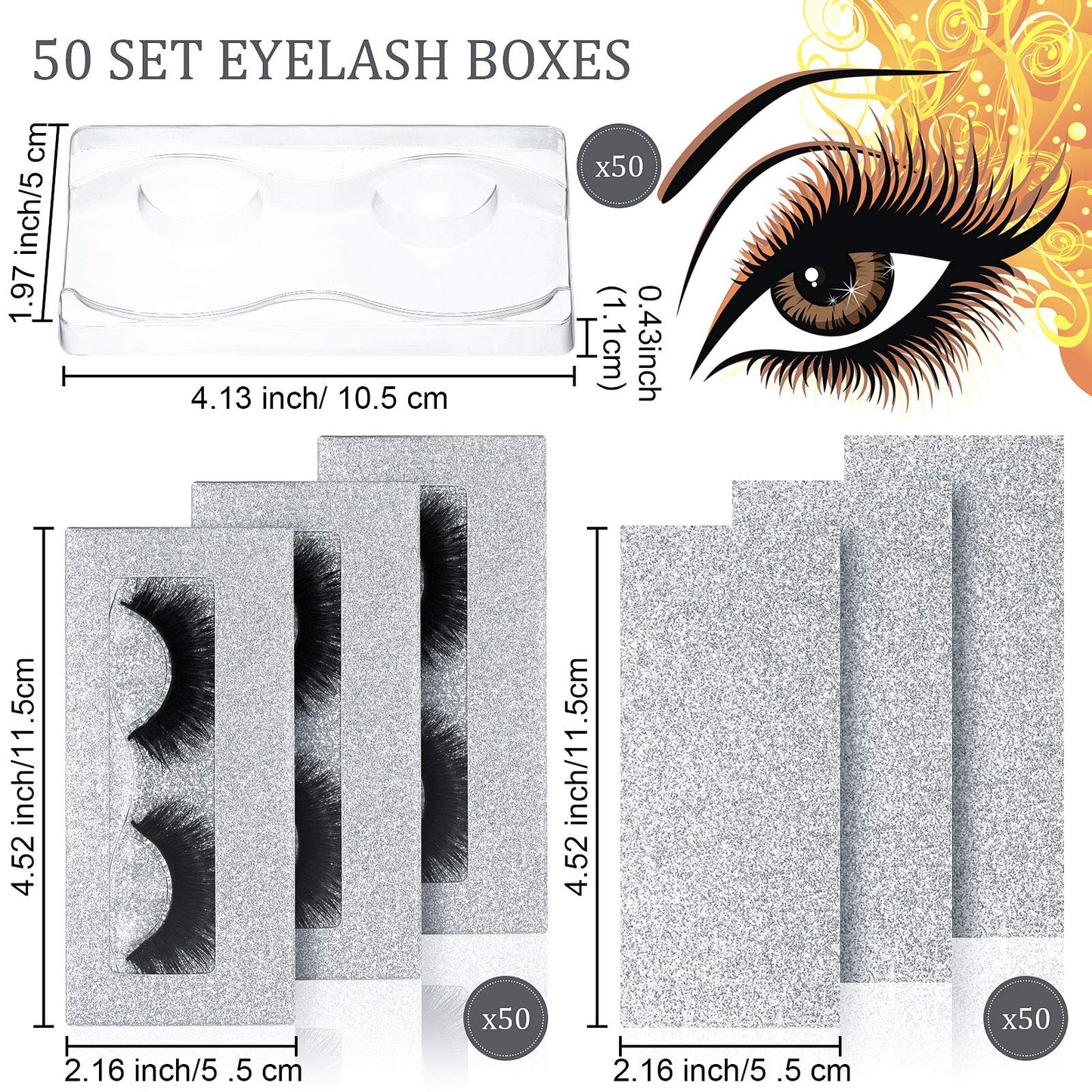 Maitys 50 Sets Empty Lash Case Set, Include Empty Eyelash Box Packaging Storage Box, Eyelash Boxes Tray False Storage, Internal Background Paper(Silver)