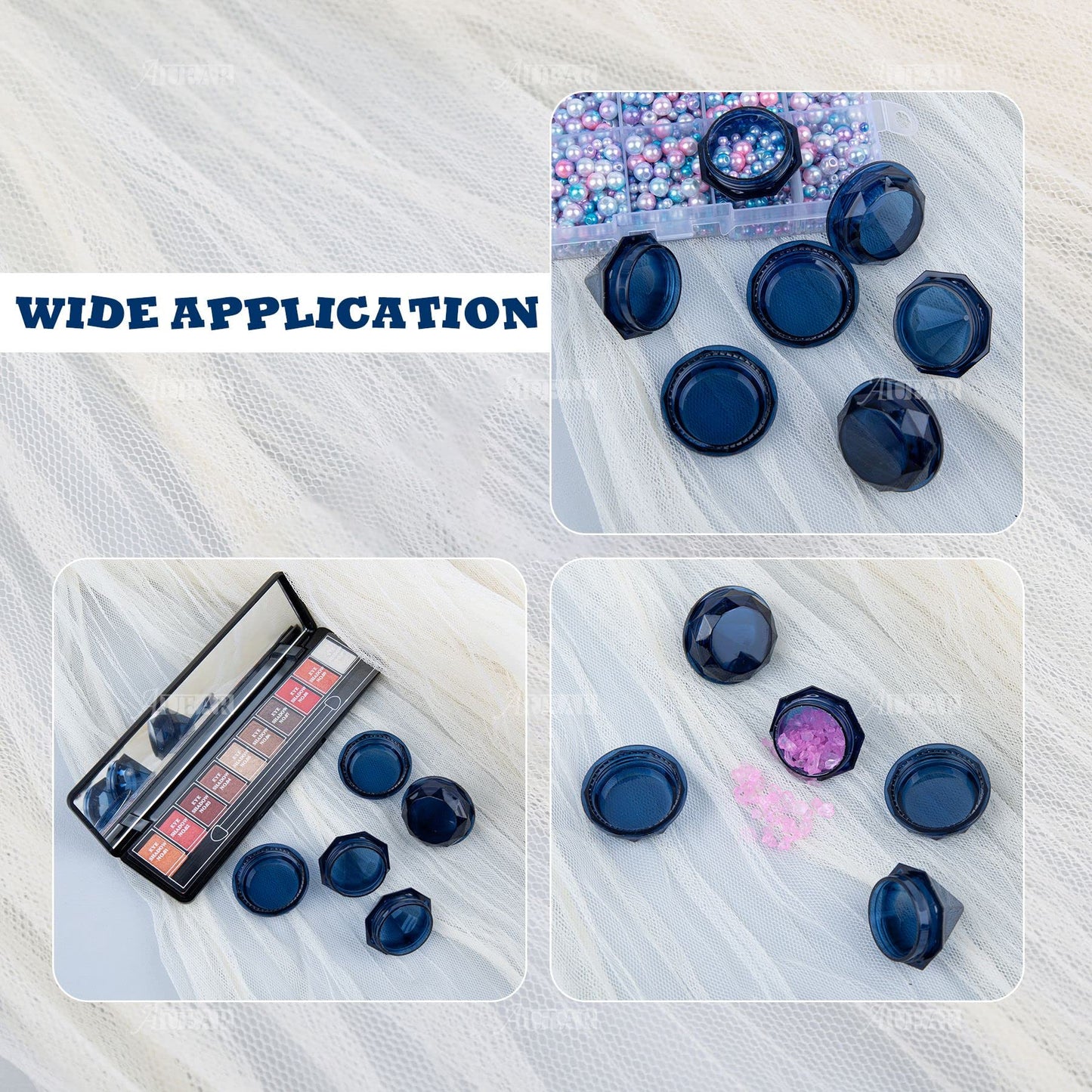 AUEAR, 50 PCS 5 Grams Diamond Shaped Plastic Cosmetic Jars Empty Refillable Box with Lids for Container Decor Makeup, Sample, Jewelry, Lotion, Cream, Lipbalm, Eye shadow, Blue