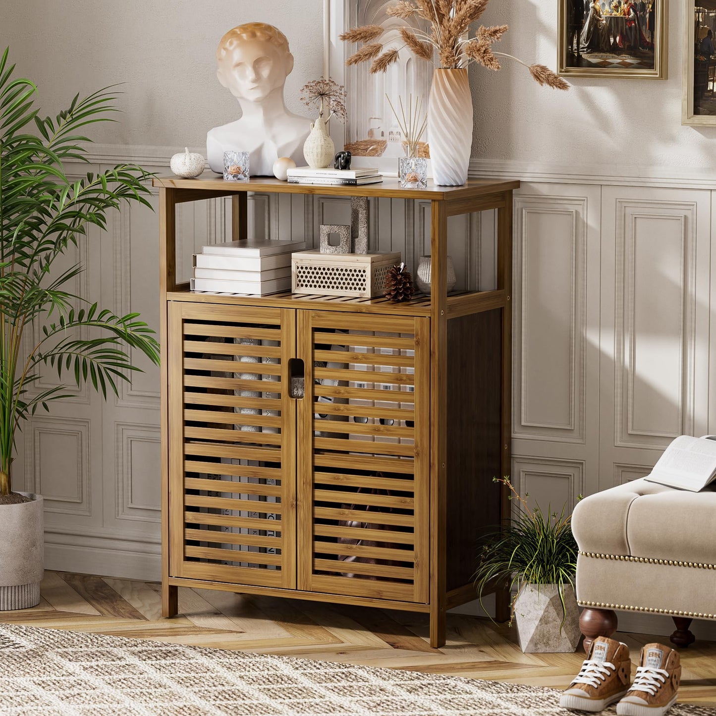 HITNET Bathroom Storage Cabinet, Bamboo Floor Cabinet with Double Doors and Open Shelf, Freestanding Cupboard for Living Room, Kitchen, Entryway, Walnut