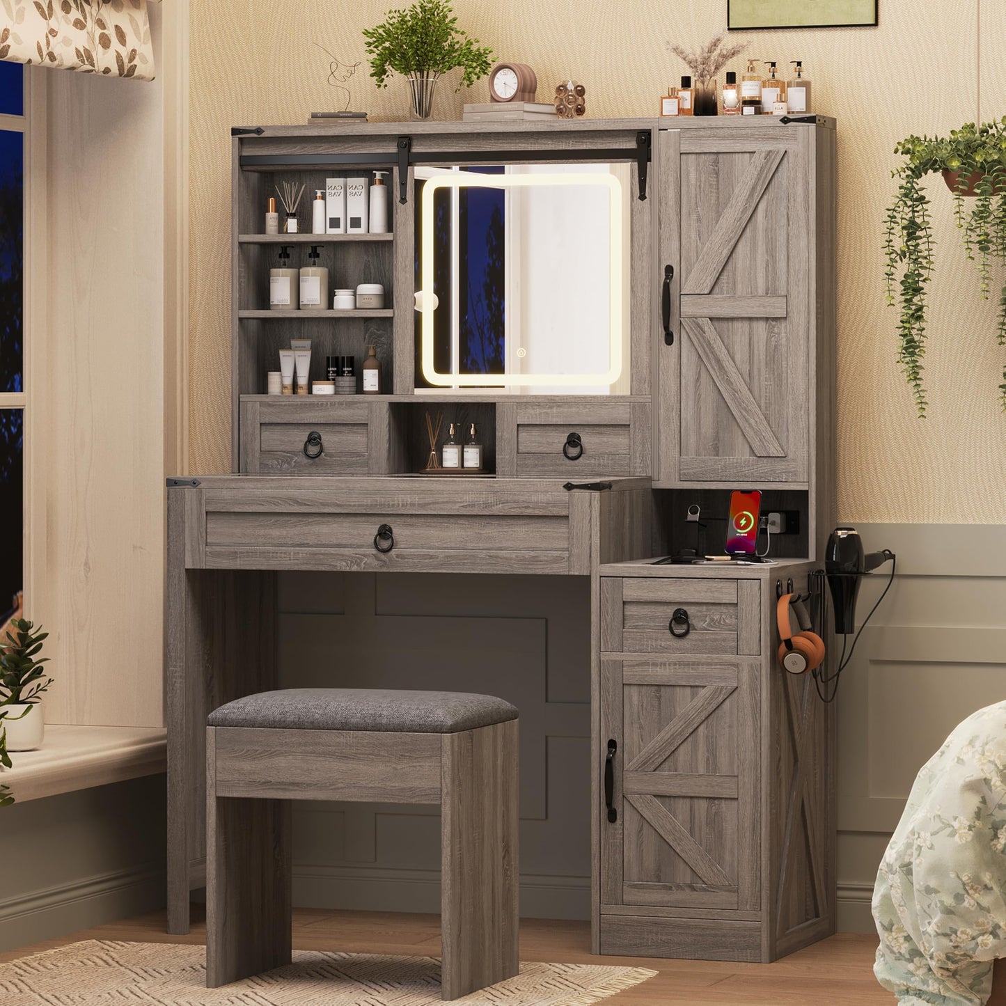 Ball & Cast Vanity Desk with Sliding Mirror and 3 Lighting Modes,Farmhouse Makeup Vanity W/Glass Top & Charging Station,4 Drawers & 2 Cabinets,Dressing Table W/Stool for Bedroom,Gray