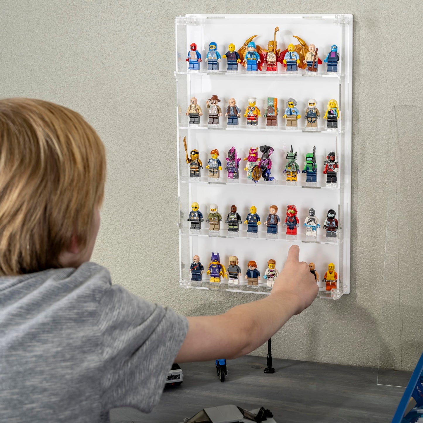 Homelodge Acrylic Minifigure Display Case - Wall Mount Mini Figure Storage Shelves with White Background - Holds 40 Tall Minifigs - Clear Shelf Box for Large Minifigures - Stands & Extra Accessories