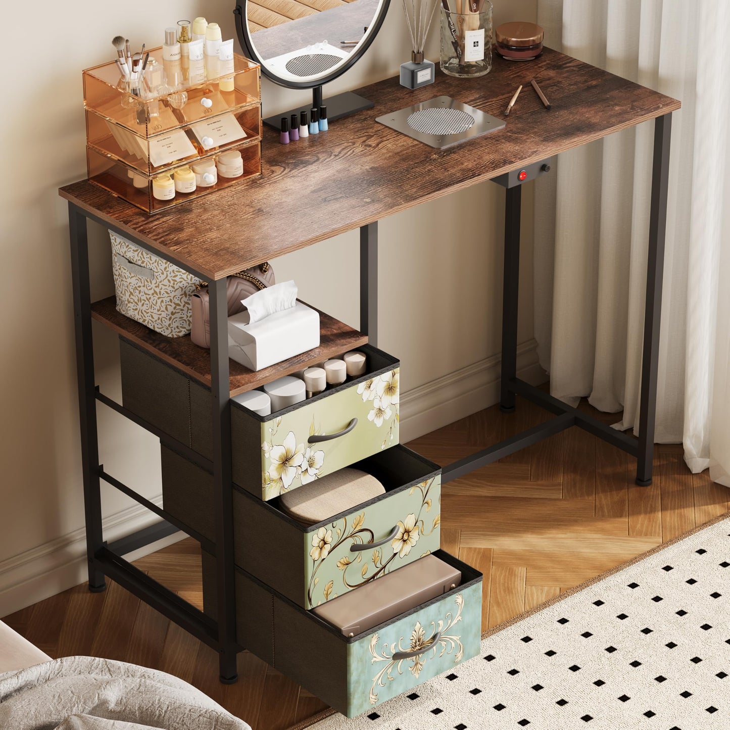 NinPeen Nail Table with dust Collector，Small Manicure Table with Drawers for Nail tech，Nail Station with Open Shelf for Home,Workshop,Makeup Beauty Salon Workstation (Retro Pattern)