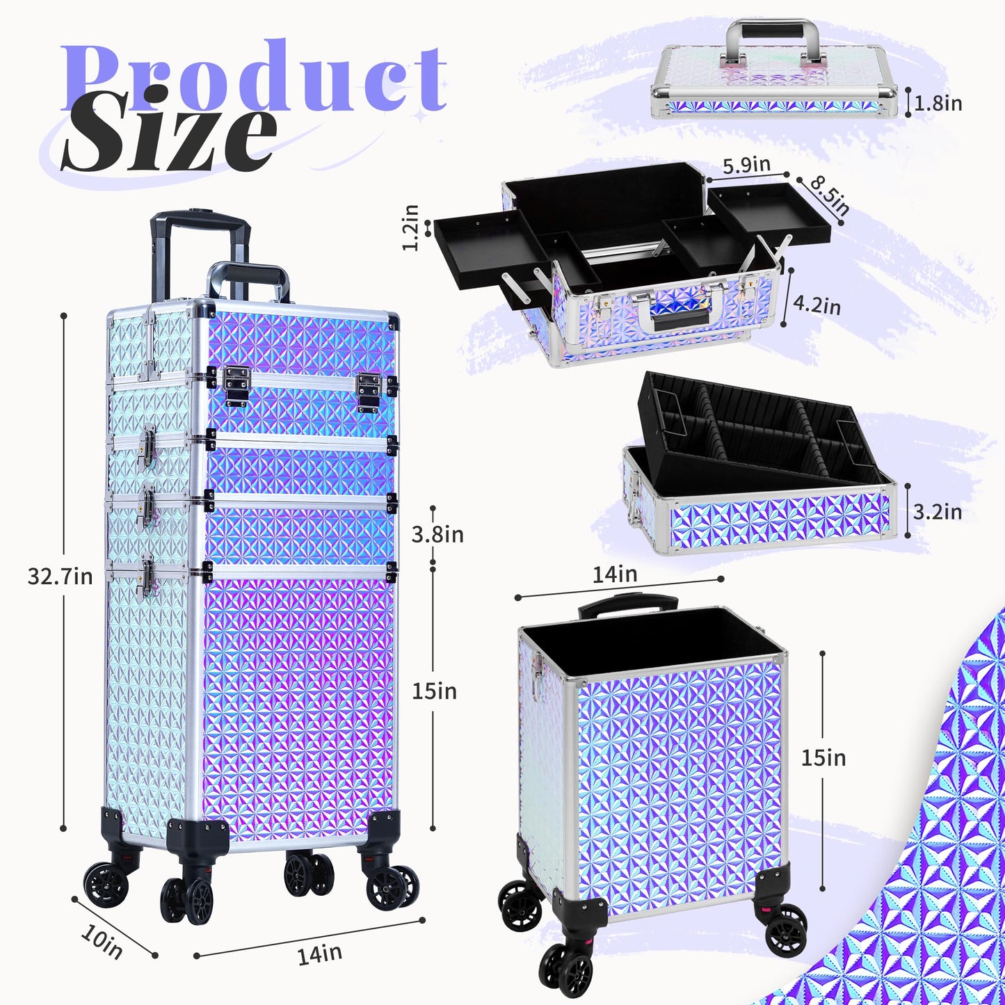 AROUS 5 in 1 Rolling Makeup Train Case Cosmetology Case on Wheels Large Cosmetic Organizer Travel Cart for Hairstylist Artist Nail Beauty Salon Barber,Silver